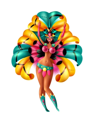 Brazilian carnival festivities with dancing woman in traditional colorful costume realistic vector illustration