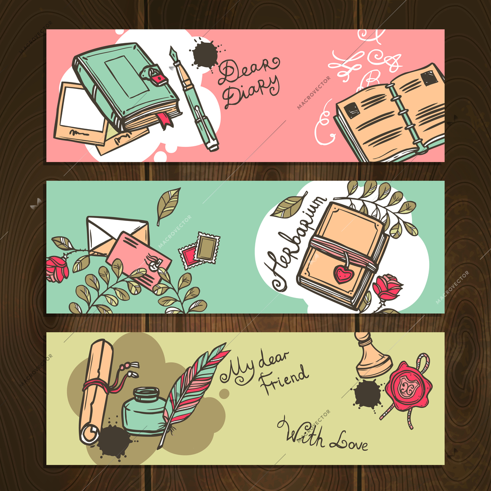 Diary nostalgia memo notebook vintage horizontal sketch banners set isolated vector illustration