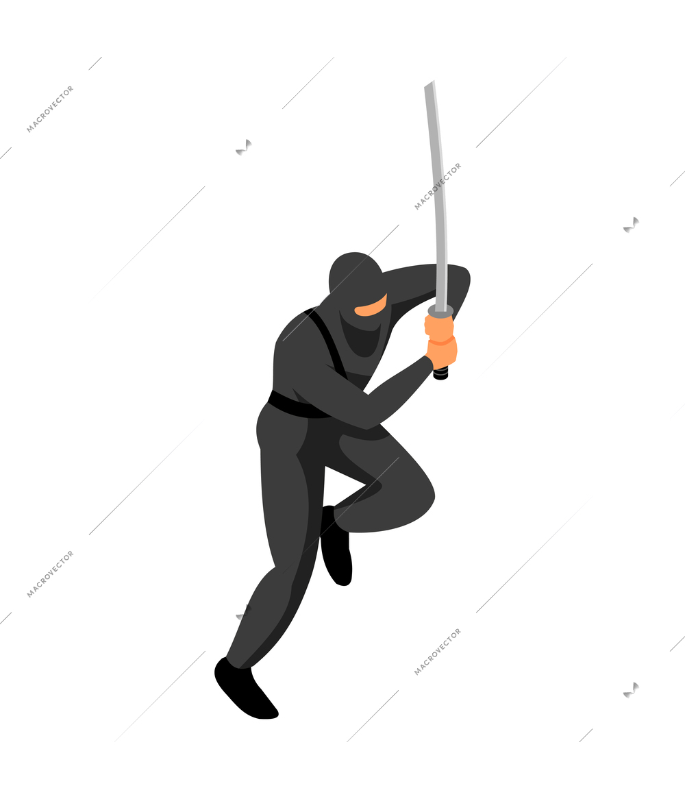 Isometric ninja during fight with katana 3d vector illustration