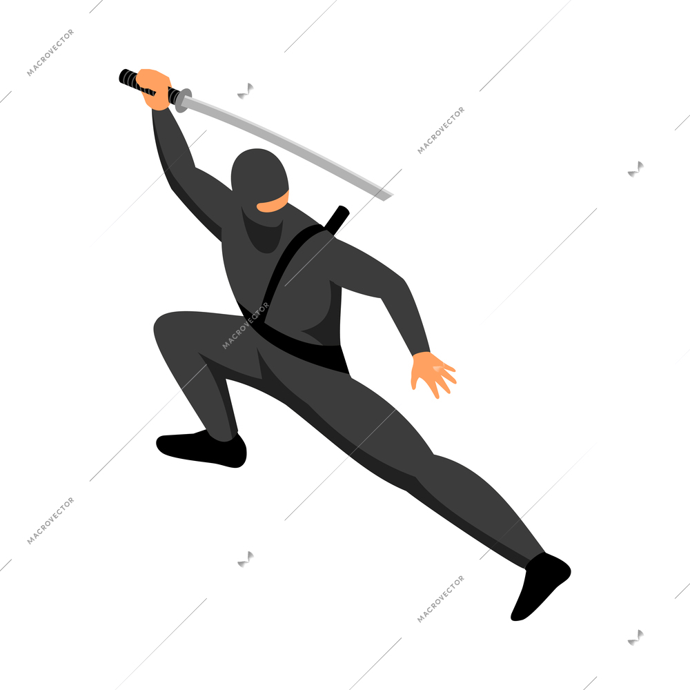 Isometric ninja pose with katana 3d vector illustration