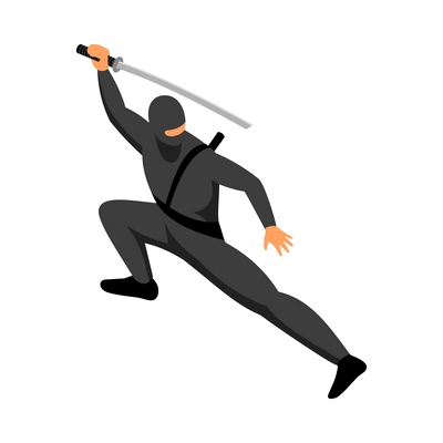 Isometric ninja pose with katana 3d vector illustration