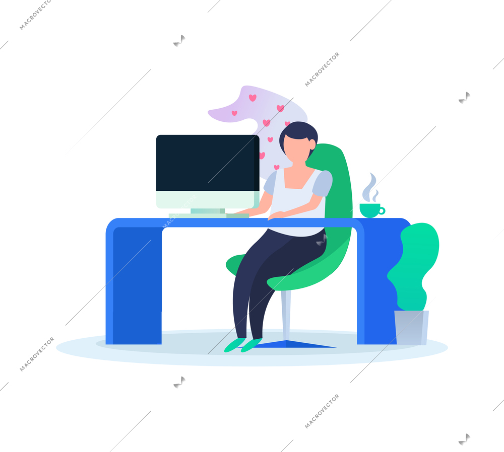 Virtual internet love flat concept with woman chatting online with hearts around vector illustration