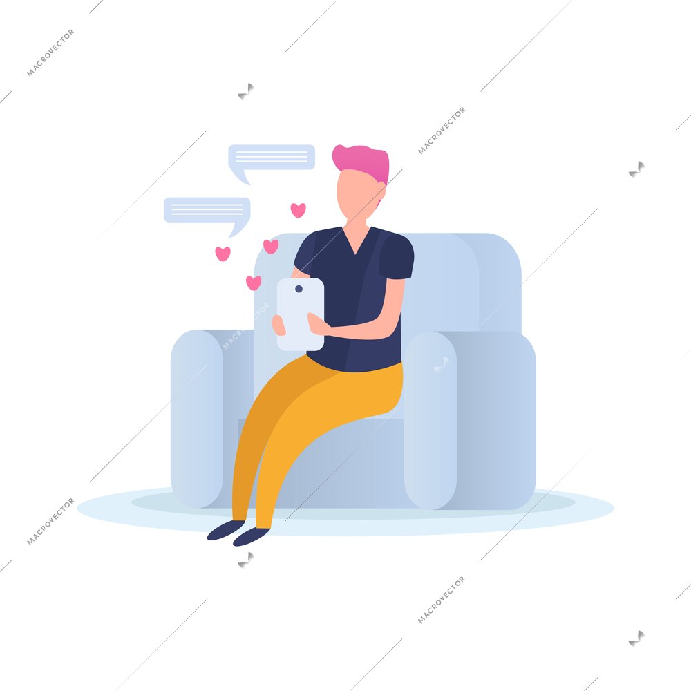 Virtual love dating app concept with flat human character chatting online vector illustration