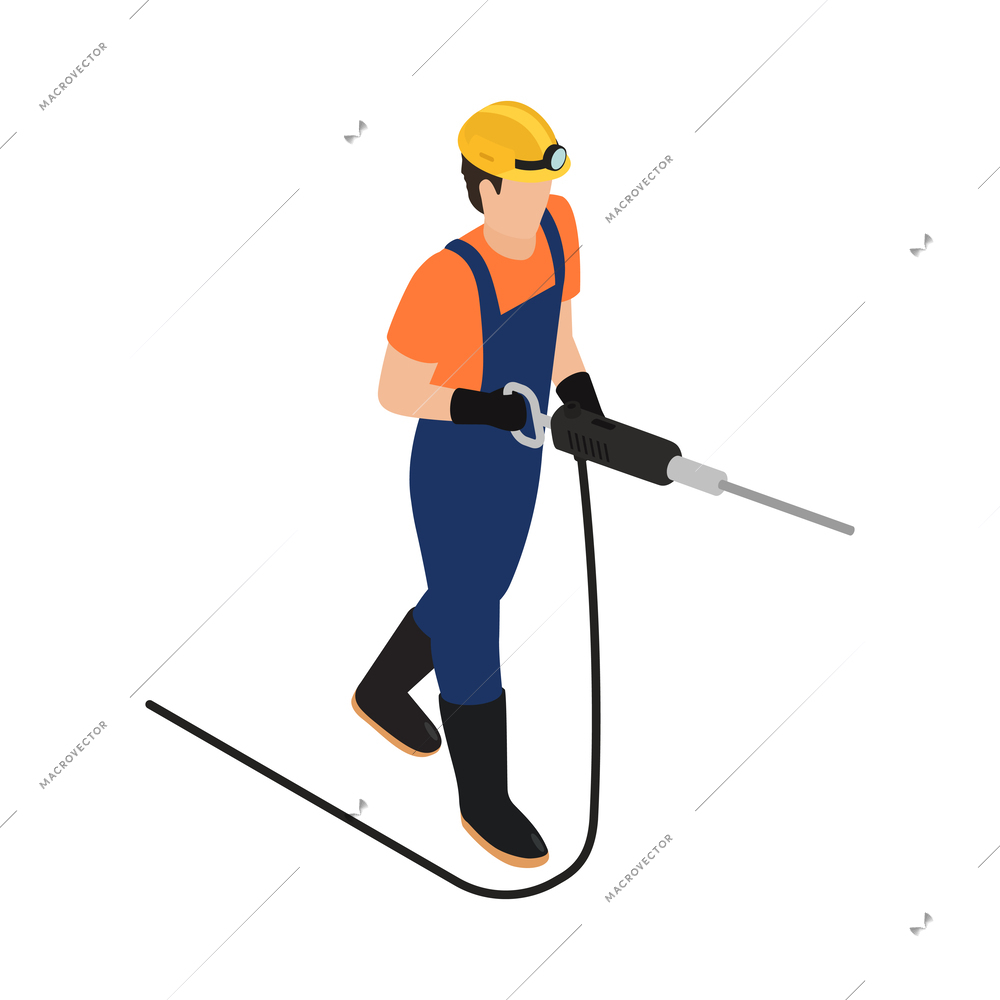 Isometric faceless miner character holding drill 3d vector illustration