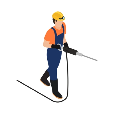 Isometric faceless miner character holding drill 3d vector illustration