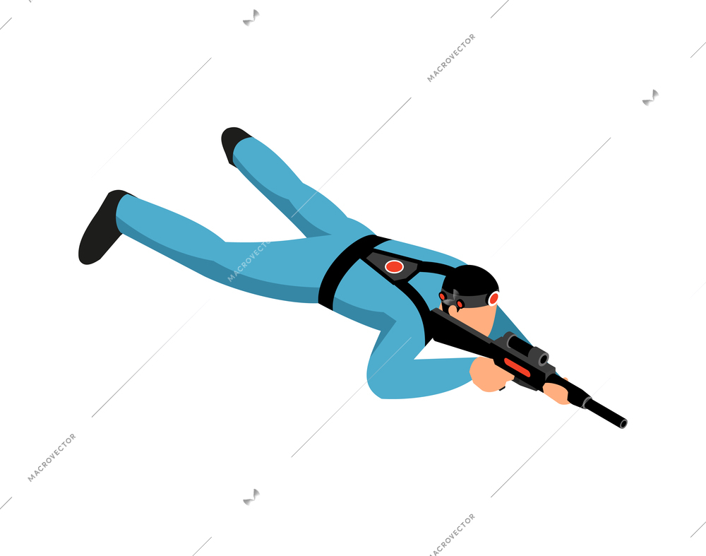 Laser tag game player lying on floor and aiming weapon at target 3d isometric vector illustration