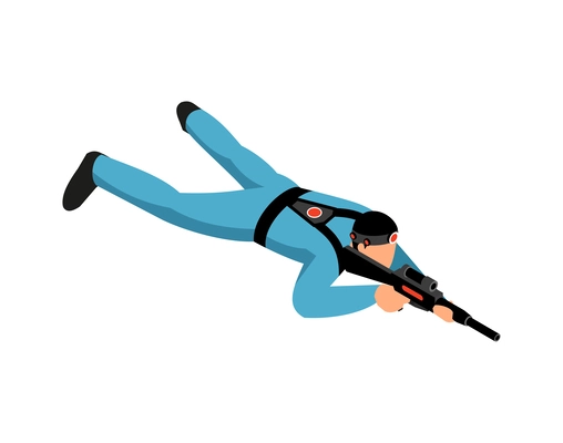 Laser tag game player lying on floor and aiming weapon at target 3d isometric vector illustration