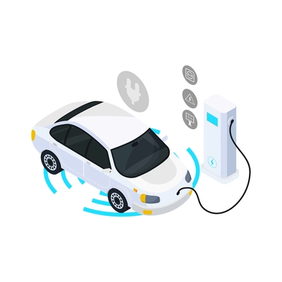 Smart city isometric icon with charging electric car 3d vector illustration