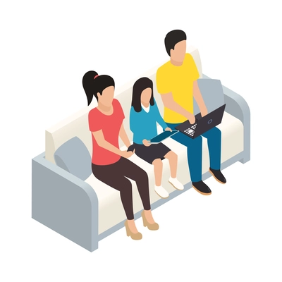 Internet gadget addiction isometric concept with family using smartphone tablet and laptop vector illustration