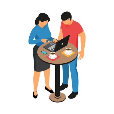 Freelancers working together on laptop over cup of coffee isometric vector illustration