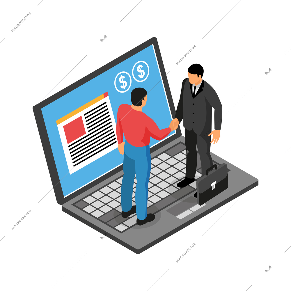 Freelancer remote creative job isometric concept with laptop and handshaking characters of client and employee vector illustration