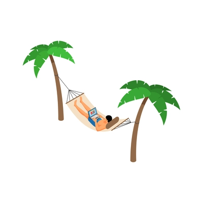 Freelancer remote creative job in hammock 3d isometric vector illustration