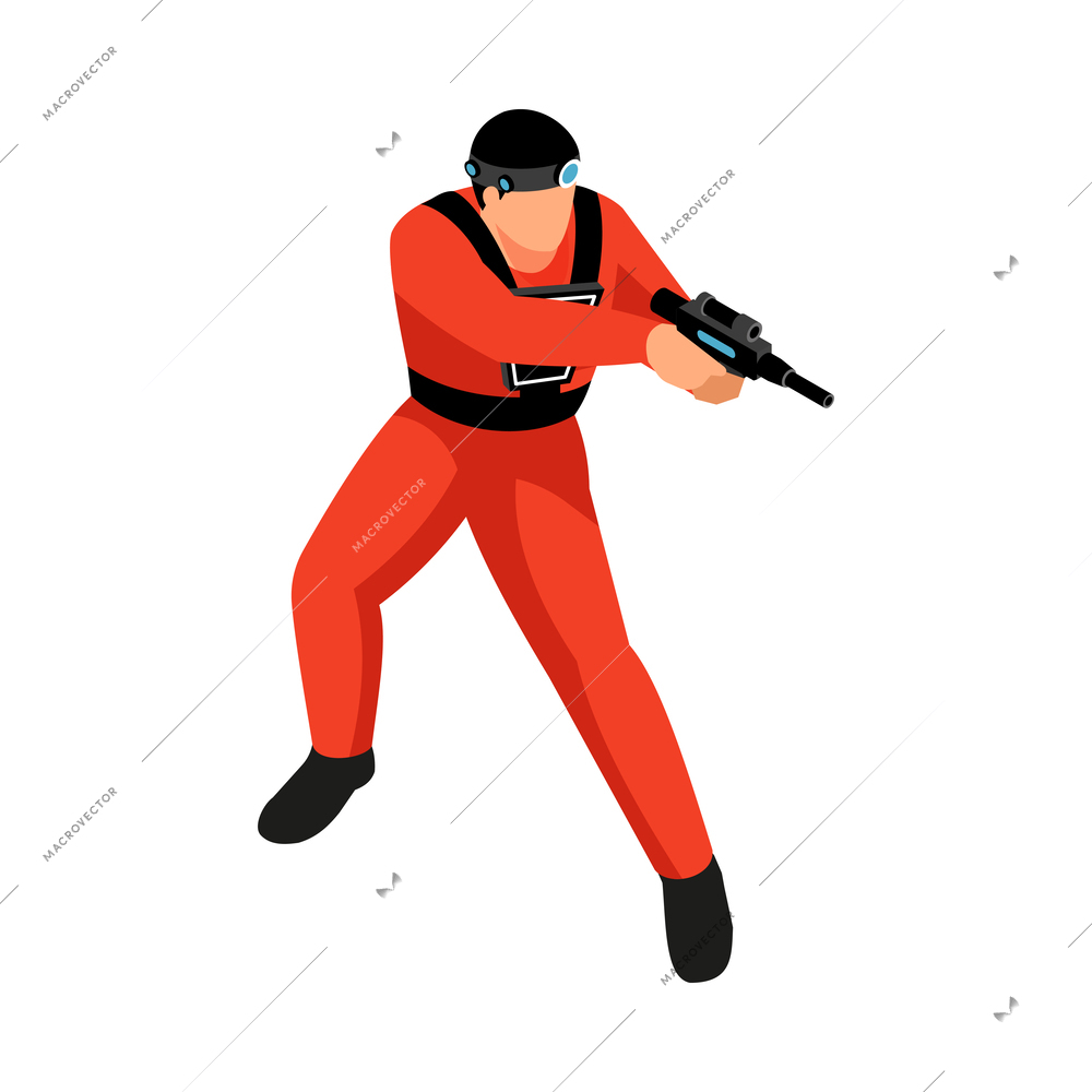 Laser tag game player shooting from gun isometric vector illustration