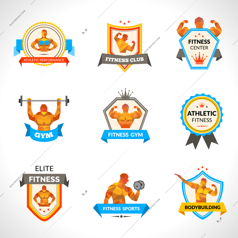 Bodybuilding sport fitness training and workout emblems set isolated vector illustration