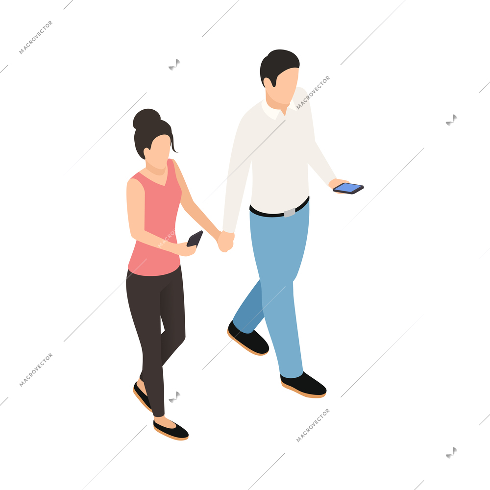 Internet gadget addiction isometric concept with people using smartphones while walking together vector illustration