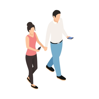 Internet gadget addiction isometric concept with people using smartphones while walking together vector illustration