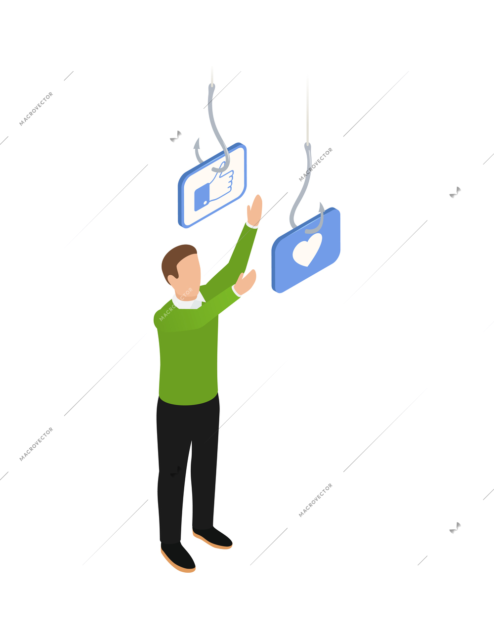 Internet smartphone gadget addiction isometric concept with person trying to catch social media symbols hanging on hooks vector illustration
