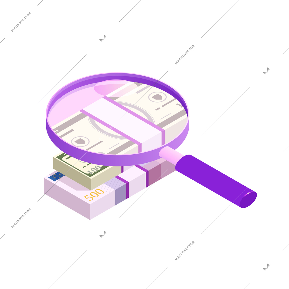 Marketing business strategy isometric icon with magnifying glass focusing on banknotes 3d vector illustration