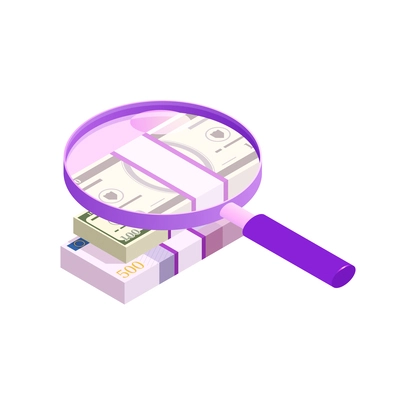 Marketing business strategy isometric icon with magnifying glass focusing on banknotes 3d vector illustration