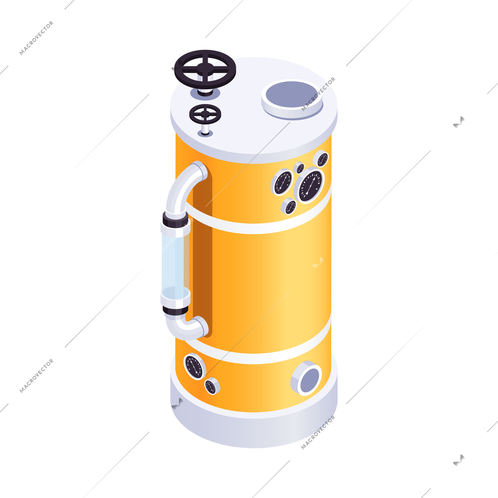 Isometric yellow steampunk machine with faucet gauge and pipes 3d vector illustration