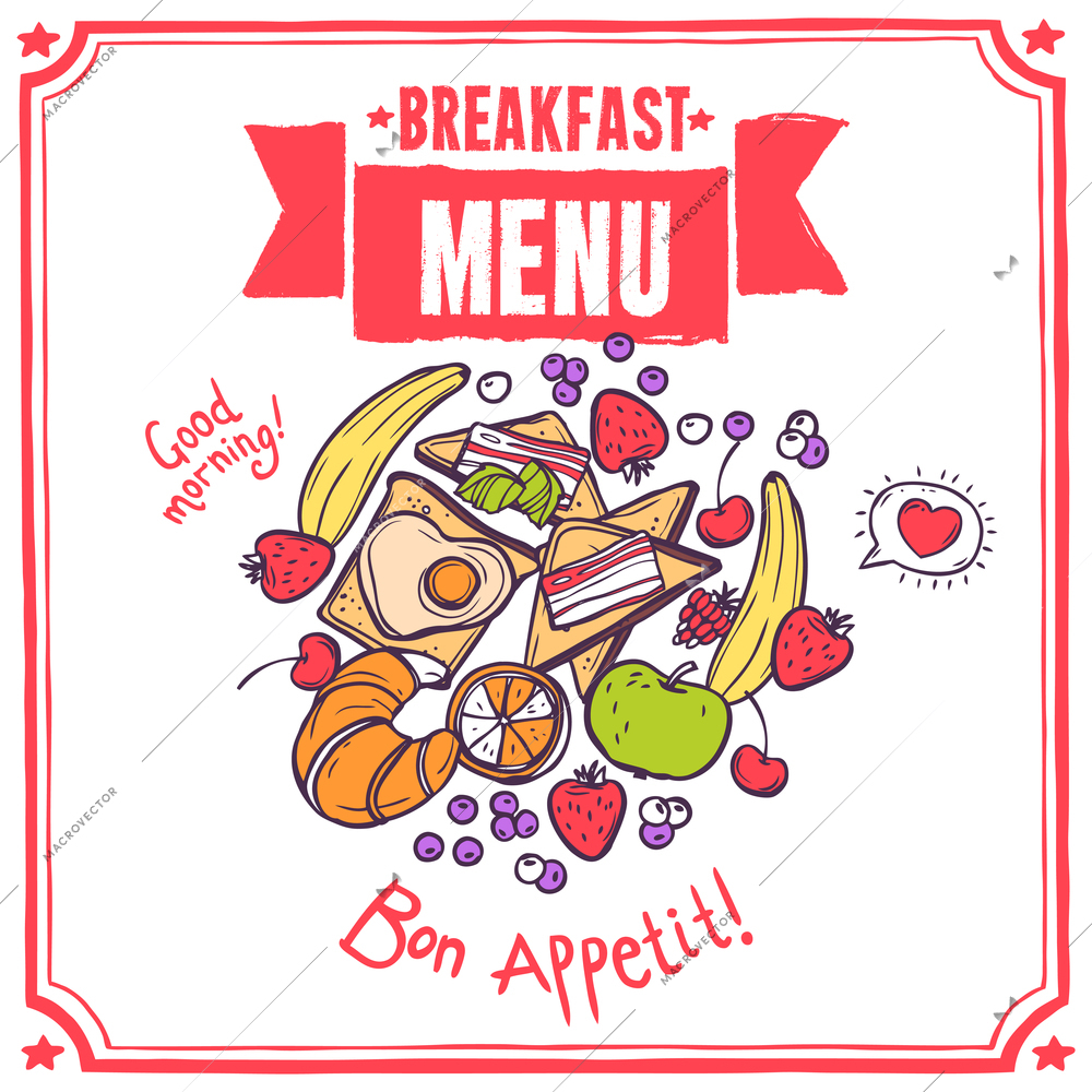 Breakfast sketch restaurant menu with fruits bacon and eggs toasts croissant vector illustration