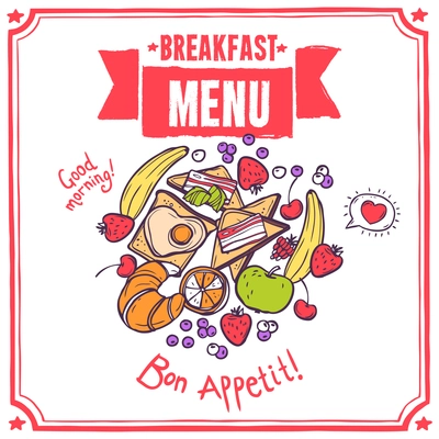 Breakfast sketch restaurant menu with fruits bacon and eggs toasts croissant vector illustration