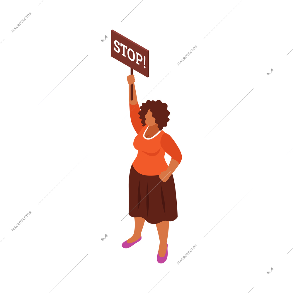 Isometric feminism icon with woman holding placard fighting for equal rights 3d vector illustration