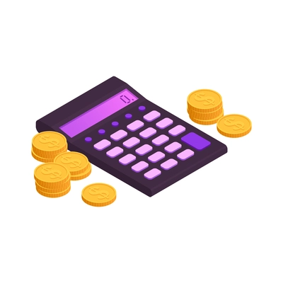 Neon calculator with coins isometric icon 3d vector illustration