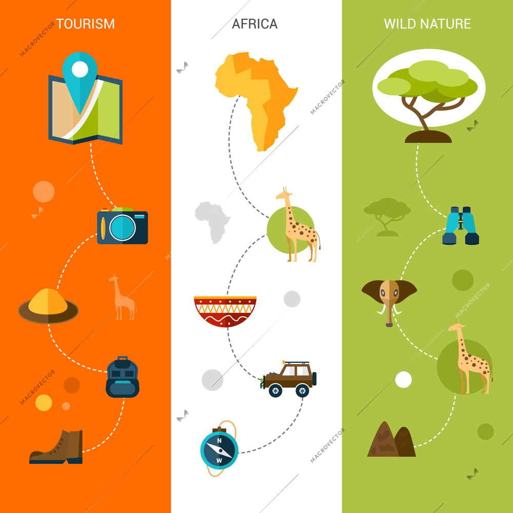 Safari vertical banners set with africa tourism and wild nature flat elements isolated vector illustration