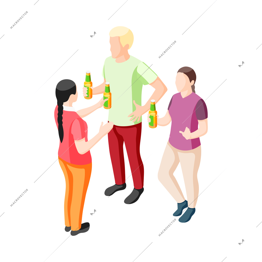 Friends drinking beer from bottles at party isometric vector illustration