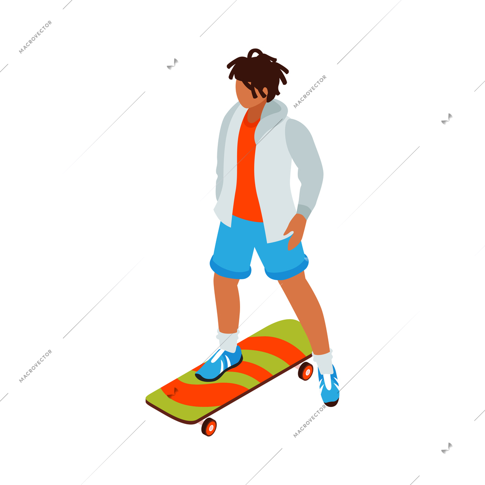 Isometric teen skateboarder on white background vector illustration