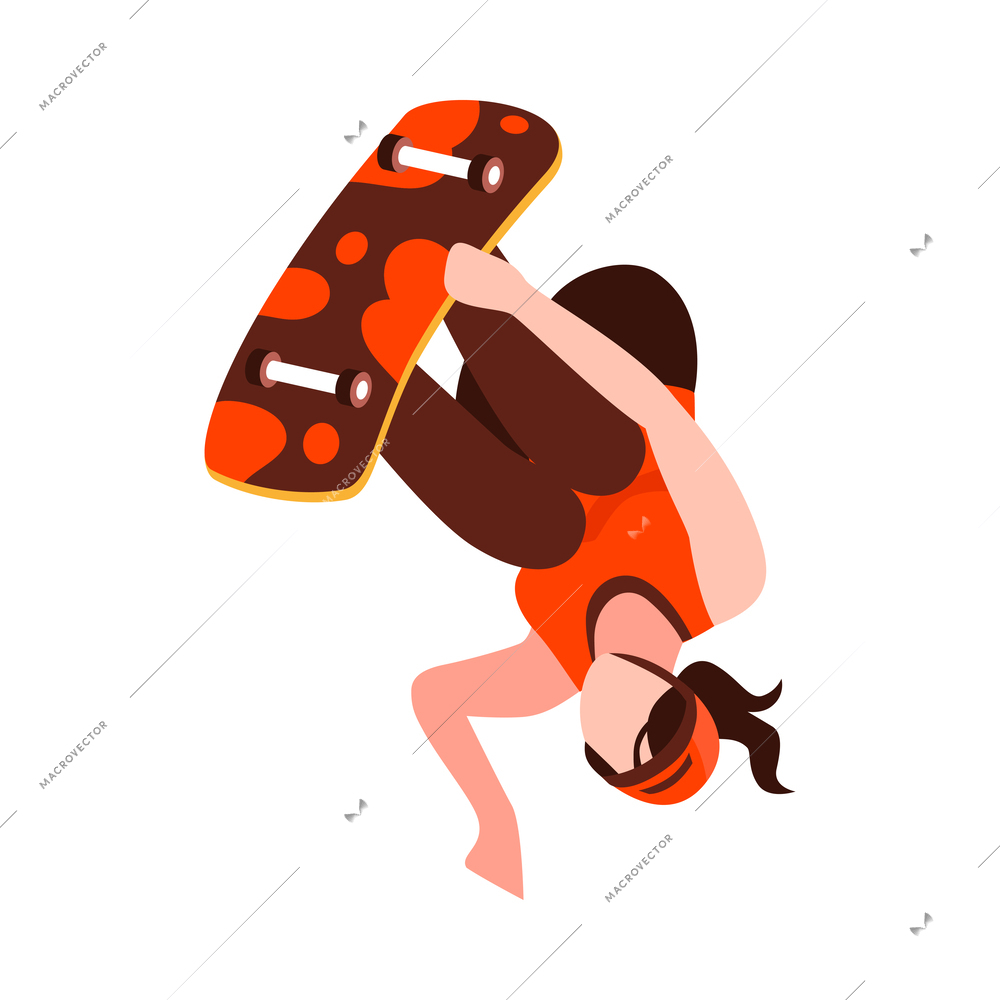 Young female skateboarder performing tricks isometric vector illustration