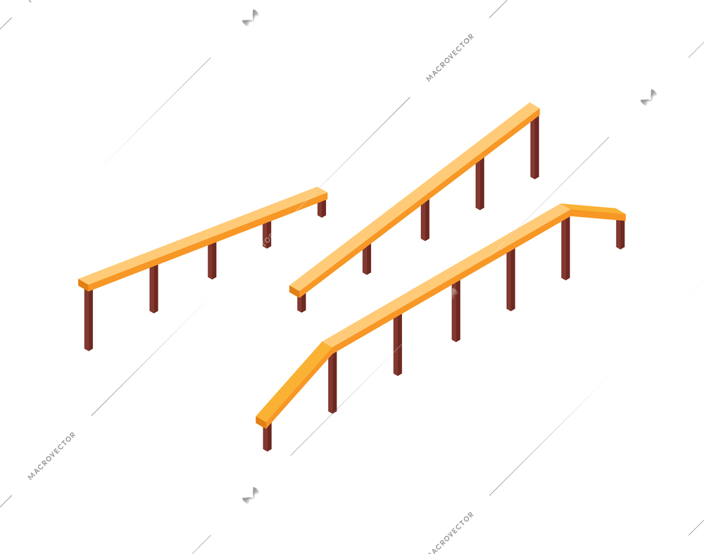 Isometric skateboard rails for performing tricks and jumping isolated vector illustration