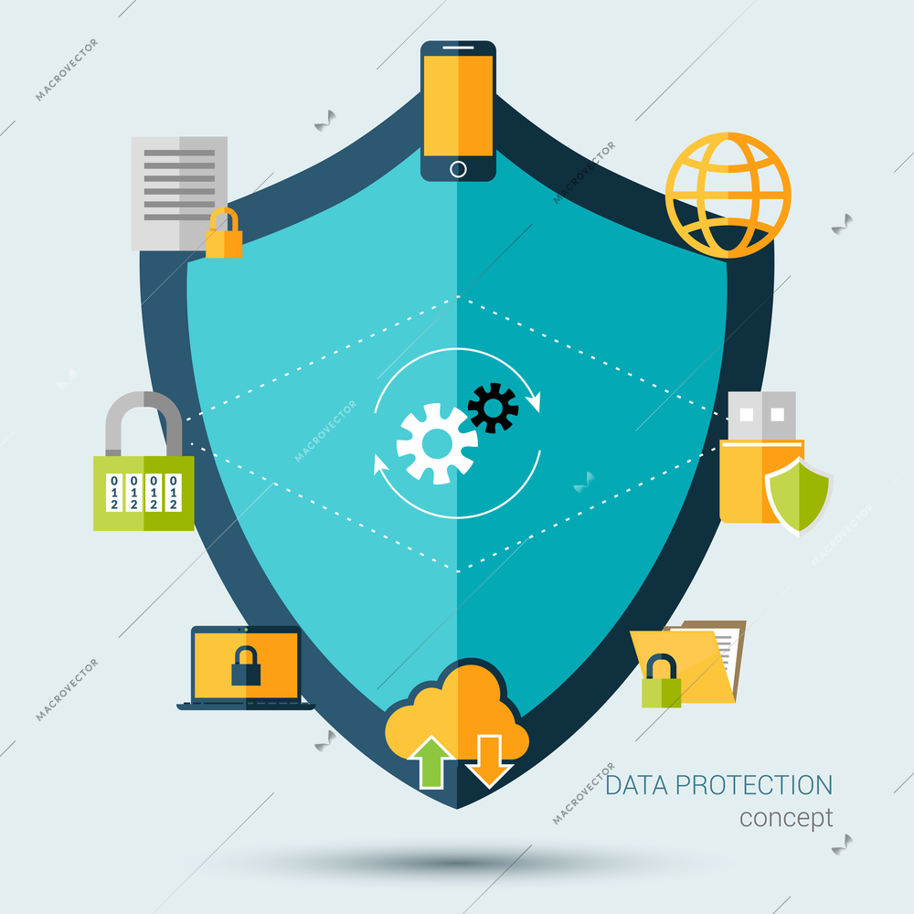 Data protection concept with shield and information security symbols vector illustration