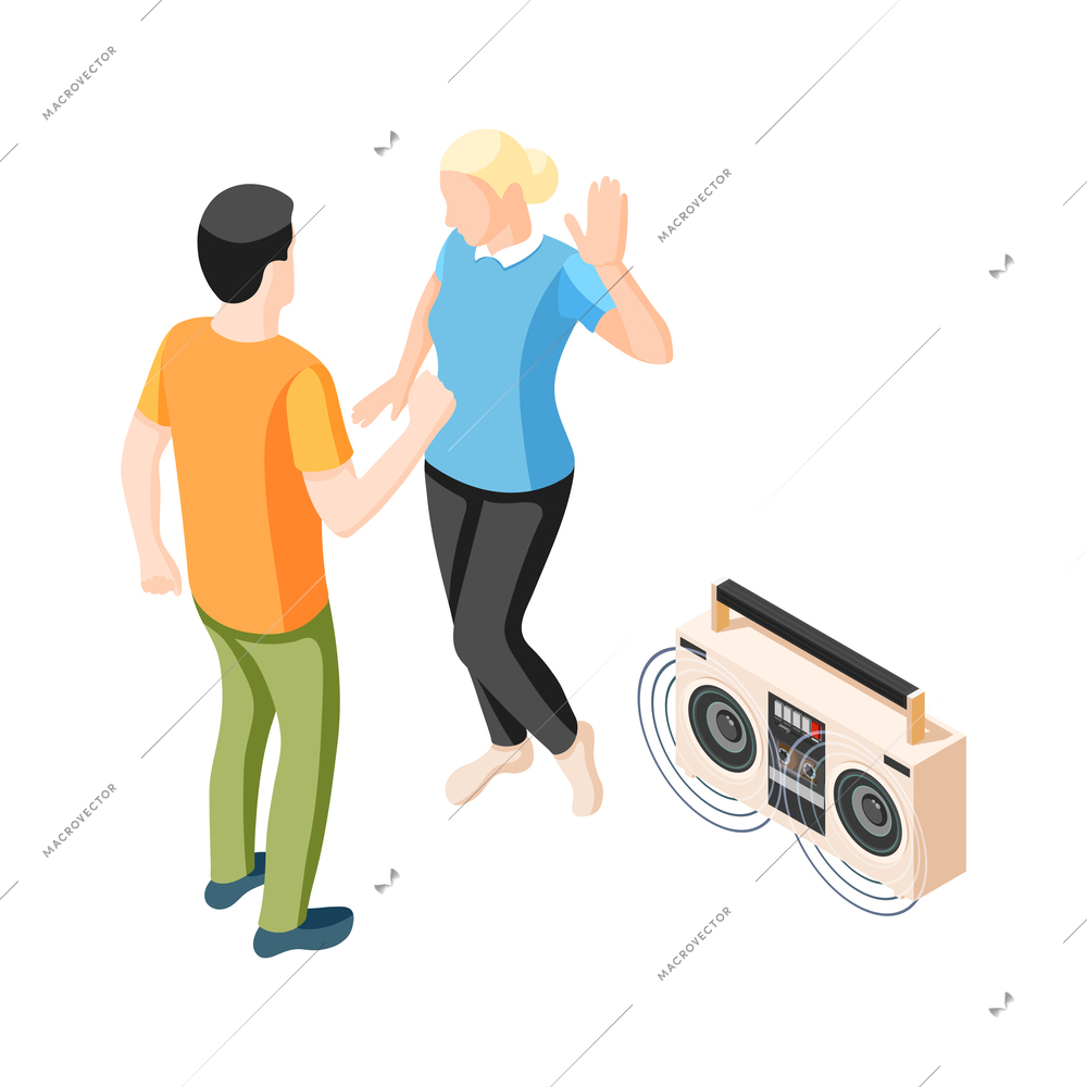 Isometric people dancing at party with tape recorder 3d vector illustration