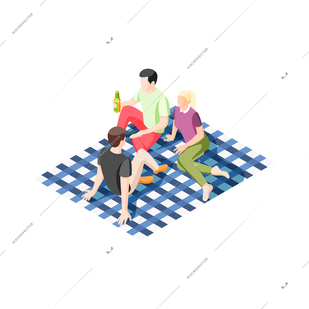 Friends drinking beer from bottle at picnic isometric vector illustration