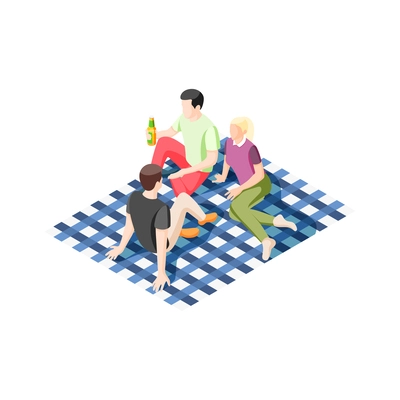 Friends drinking beer from bottle at picnic isometric vector illustration