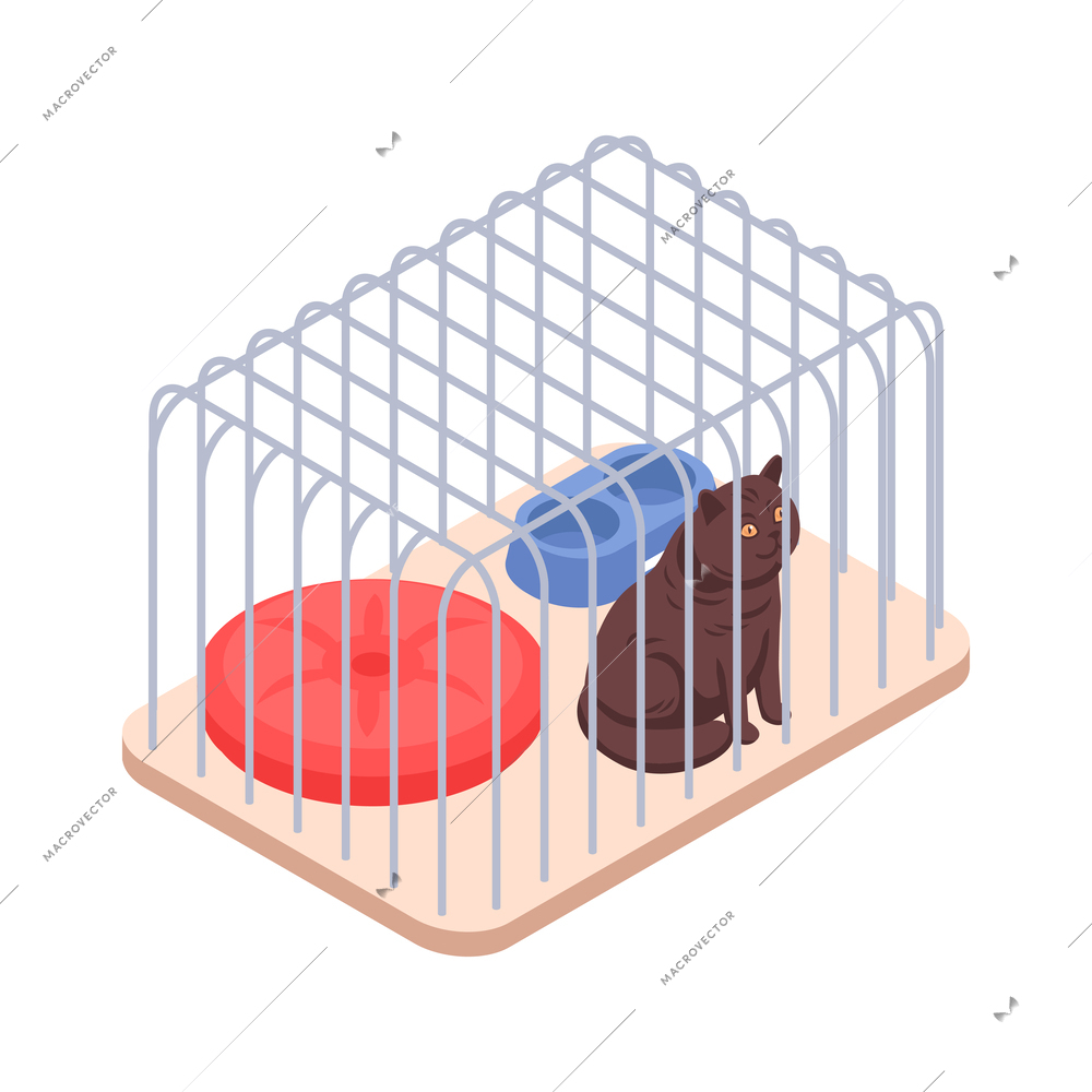 Animal shelter isometric icon with cat in cage with bowl and bed 3d vector illustration