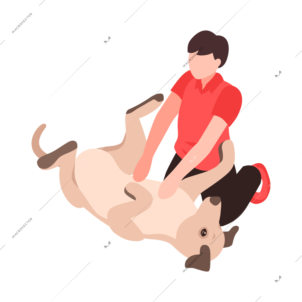 Animal pet care isometric icon with man playing with big dog 3d vector illustration