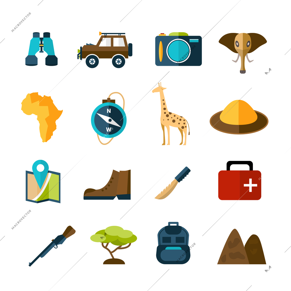 Safari expedition icons set with compass map camera car isolated vector illustration