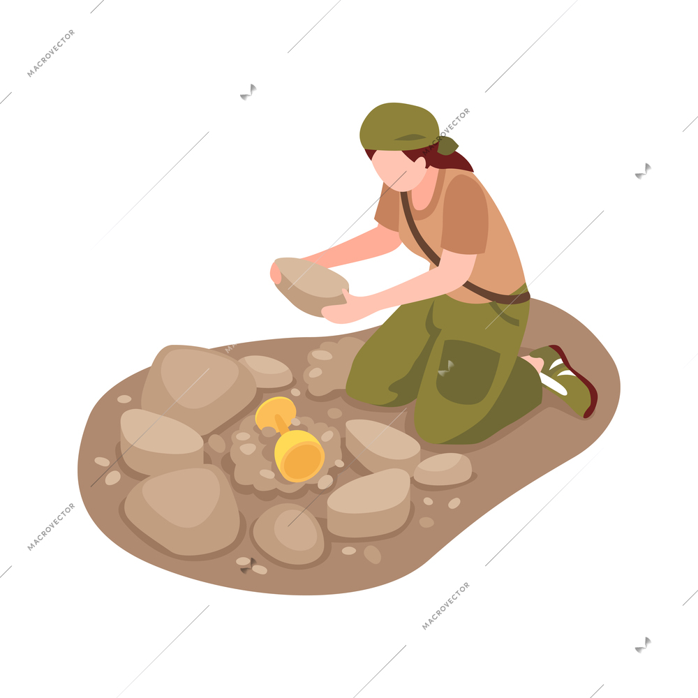 Isometric human character of female archeologist during research of ancient artifacts 3d vector illustration