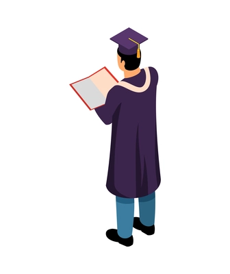 Isometric character of university graduate holding diploma back view 3d vector illustration