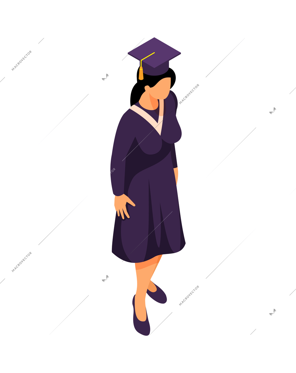 Female university graduate wearing cap and mantle isometric character 3d vector illustration