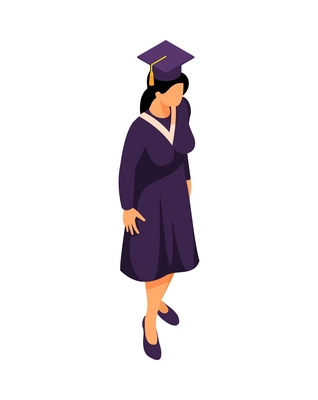 Female university graduate wearing cap and mantle isometric character 3d vector illustration