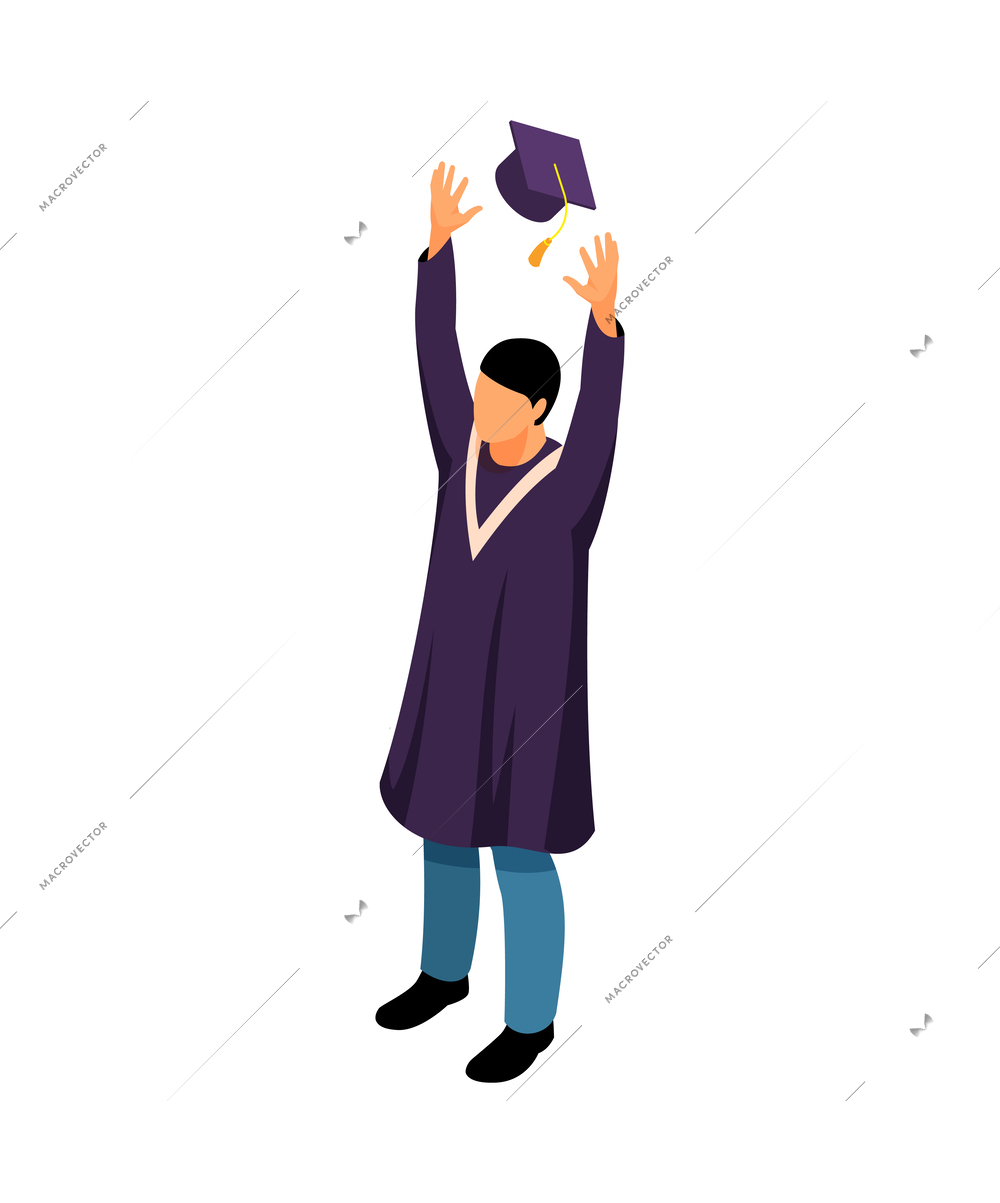 Isometric happy university graduate throwing cap in air 3d vector illustration