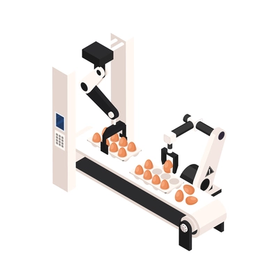 Smart farm isometric icon with automatic conveyor line and robotics arms packing eggs 3d vector illustration