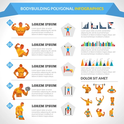 Bodybuilding polygonal infographics with male and female figures and charts vector illustration