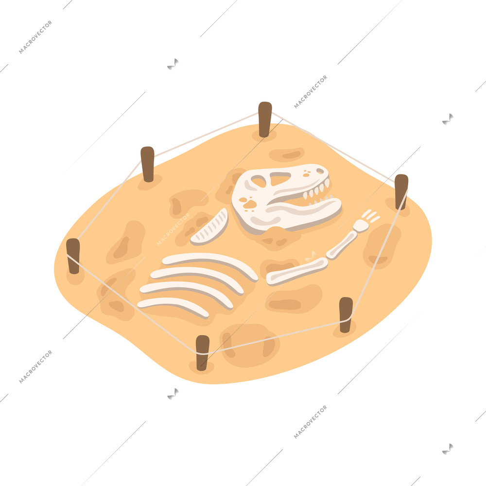 Archeology isometric icon with dinosaur skeleton at excavation site 3d vector illustration