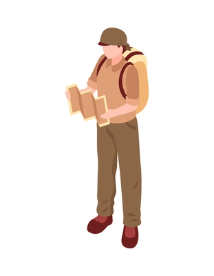 Isometric male human character of hiker or traveller with backpack and map vector illustration