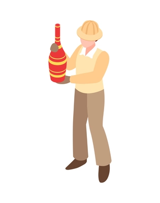 Isometric archeologist wearing hardhat holding ancient vase 3d vector illustration